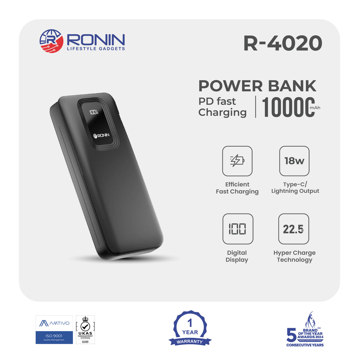 Ronin R-4020 Power Bank 10000mAh 22.5W Black 1 Piece