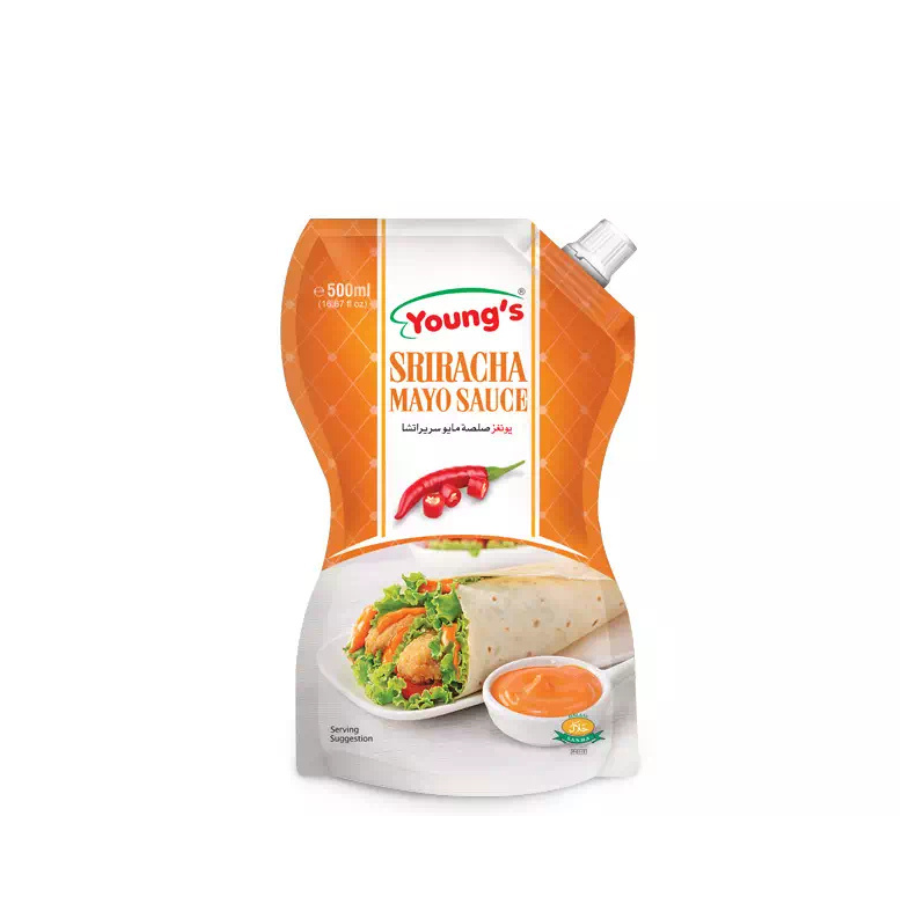 YOUNG'S MAYO SRIRACHA SAUCE STAND UP POUCH 200ML.