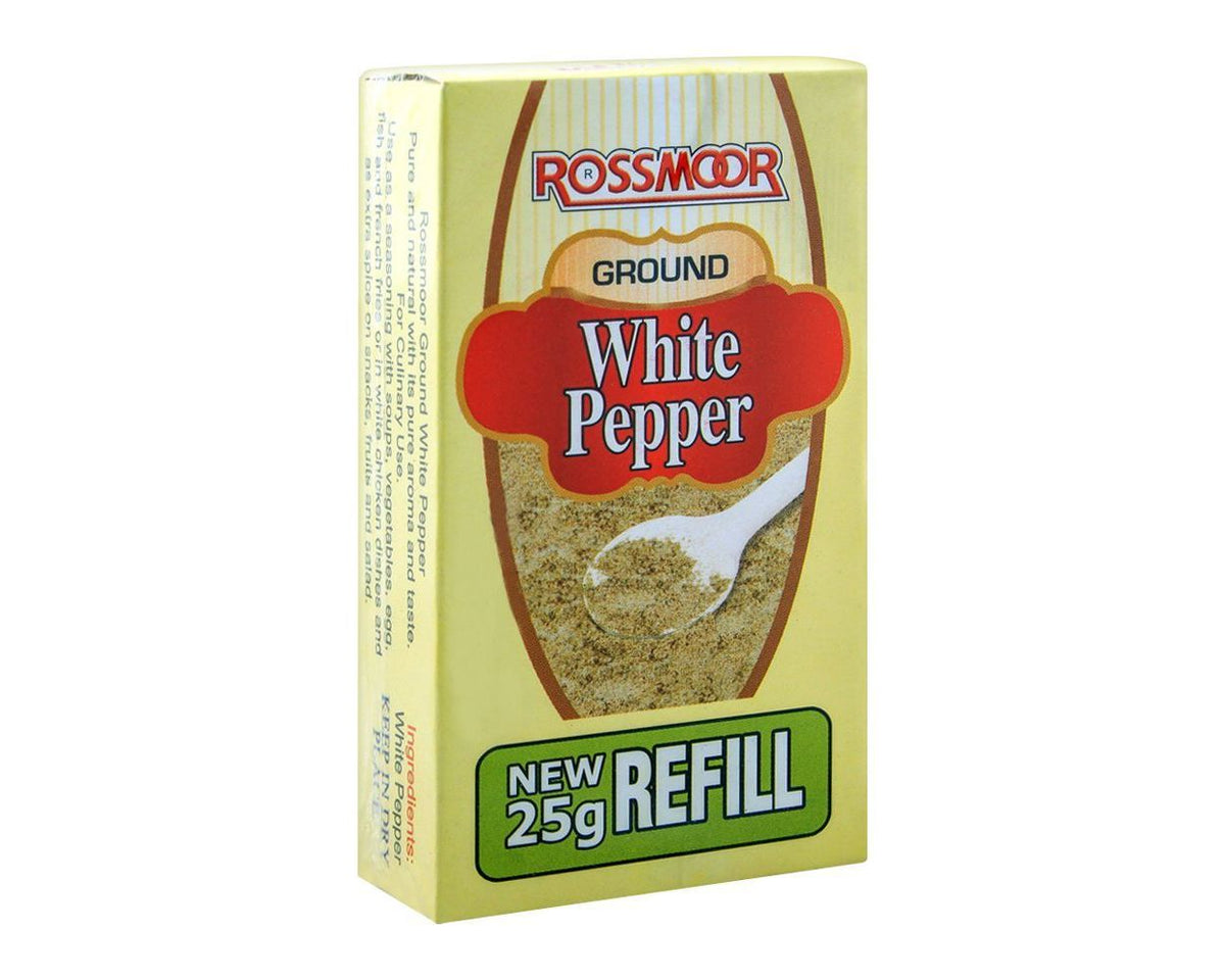 ROSSMOR GROUND WHITE PEPPER 25G BOX.