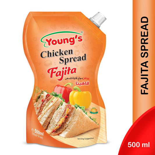 YOUNG'S CHICKEN SPREAD FAJITA STAND UP POUCH 500ML.