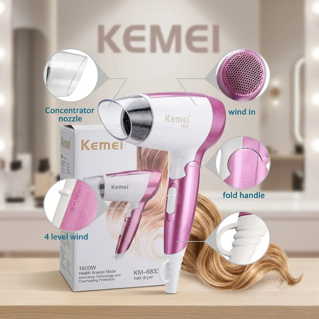 Kemei KM-6833 Professional 1600W Heavy Duty Hair Dryer Hot and Cool Size-M 1 Piece