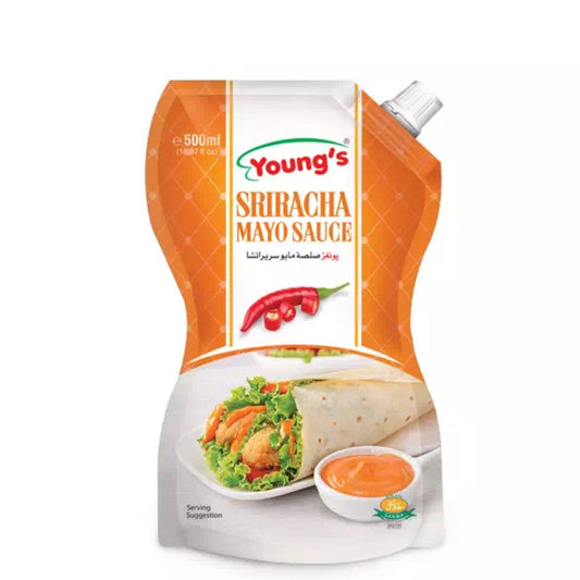 YOUNG'S MAYO SRIRACHA SAUCE STAND UP POUCH 500ML.