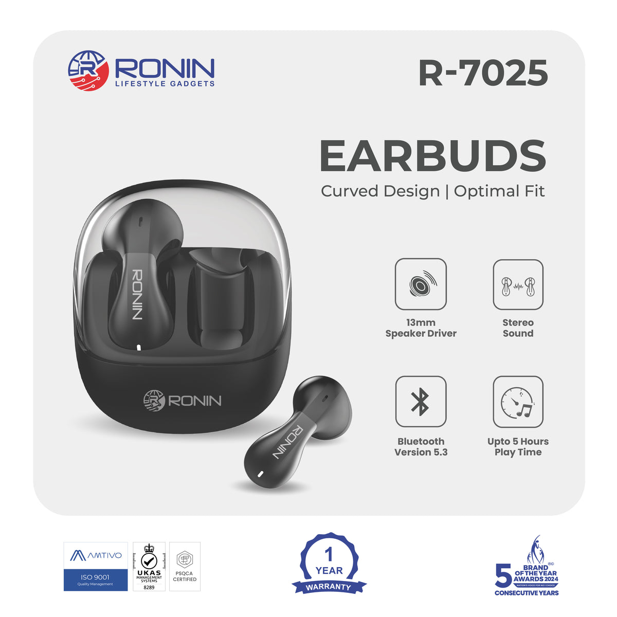 Ronin R-7025 Earbuds Black Stereo Sound Music Playtime 5 Hours 1 Piece