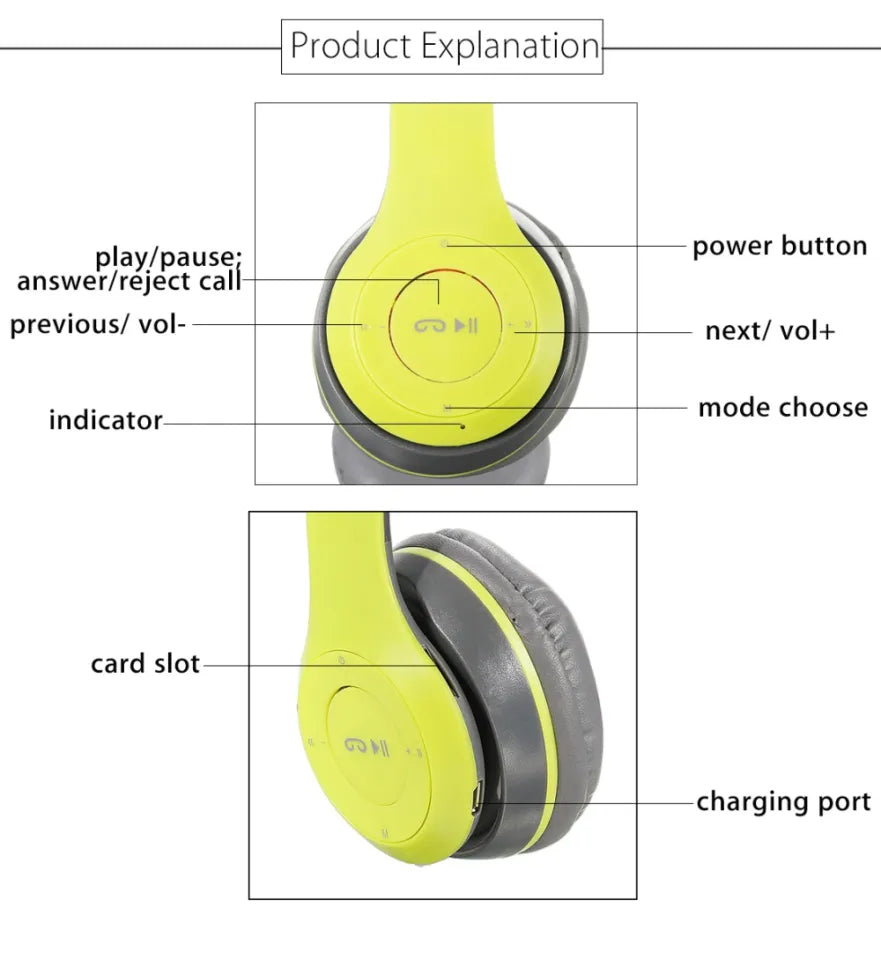 P47 Wireless Headphone TF card Support and FM radio Light Green Color 1 Piece