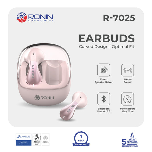 Ronin R-7025 Earbuds Pink Stereo Sound Music Playtime 5 Hours 1 Piece