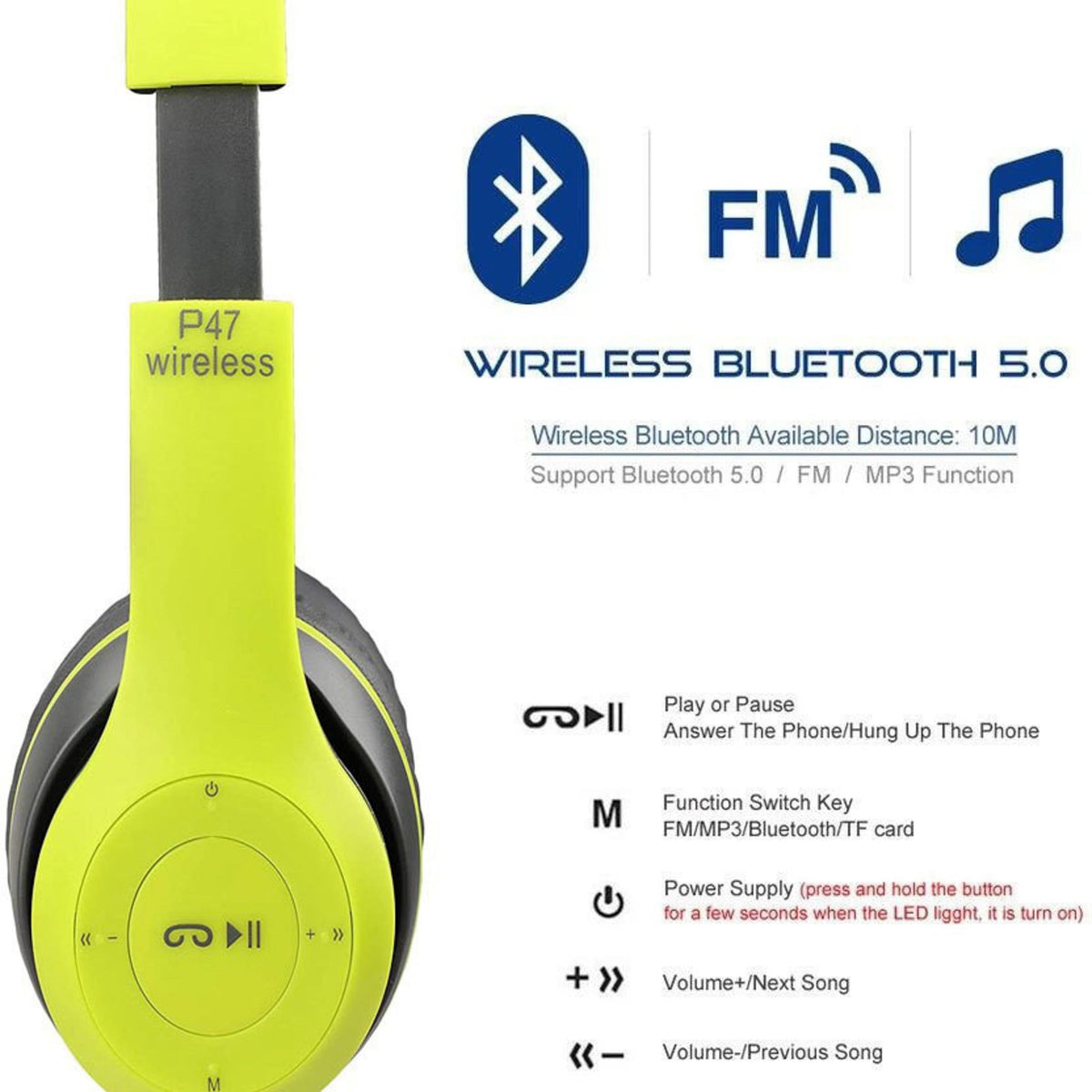 P47 Wireless Headphone TF card Support and FM radio Light Green Color 1 Piece